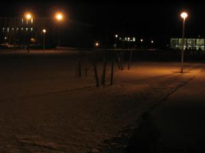 A snowy college campus