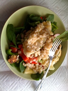 Baby Spinach Salad topped with brown rice and flounder in F/F Wasabi Dressing.