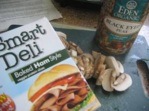 Vegetarian "ham", sliced baby bellas, Black Eyed Peas