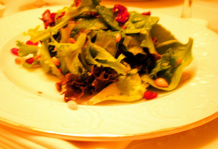 Mixed field greens salad with pine nuts, dried cranberries and sherry vinaigrette