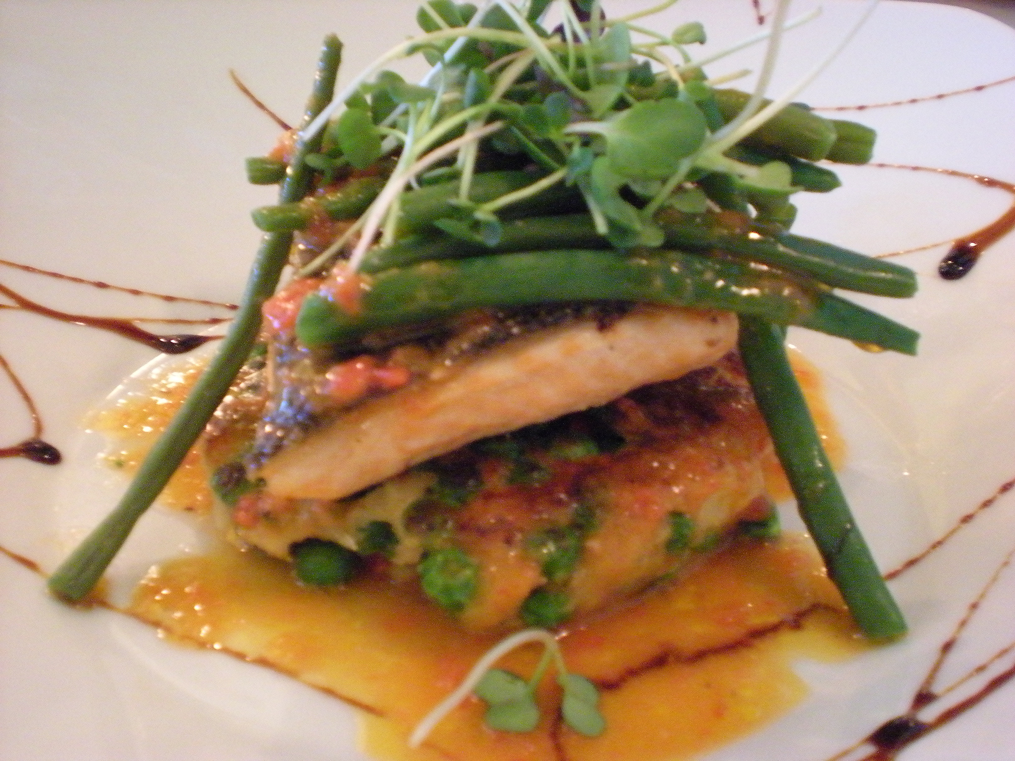 Oven Roasted Salmon on a Crap-Sweet Pea Cake