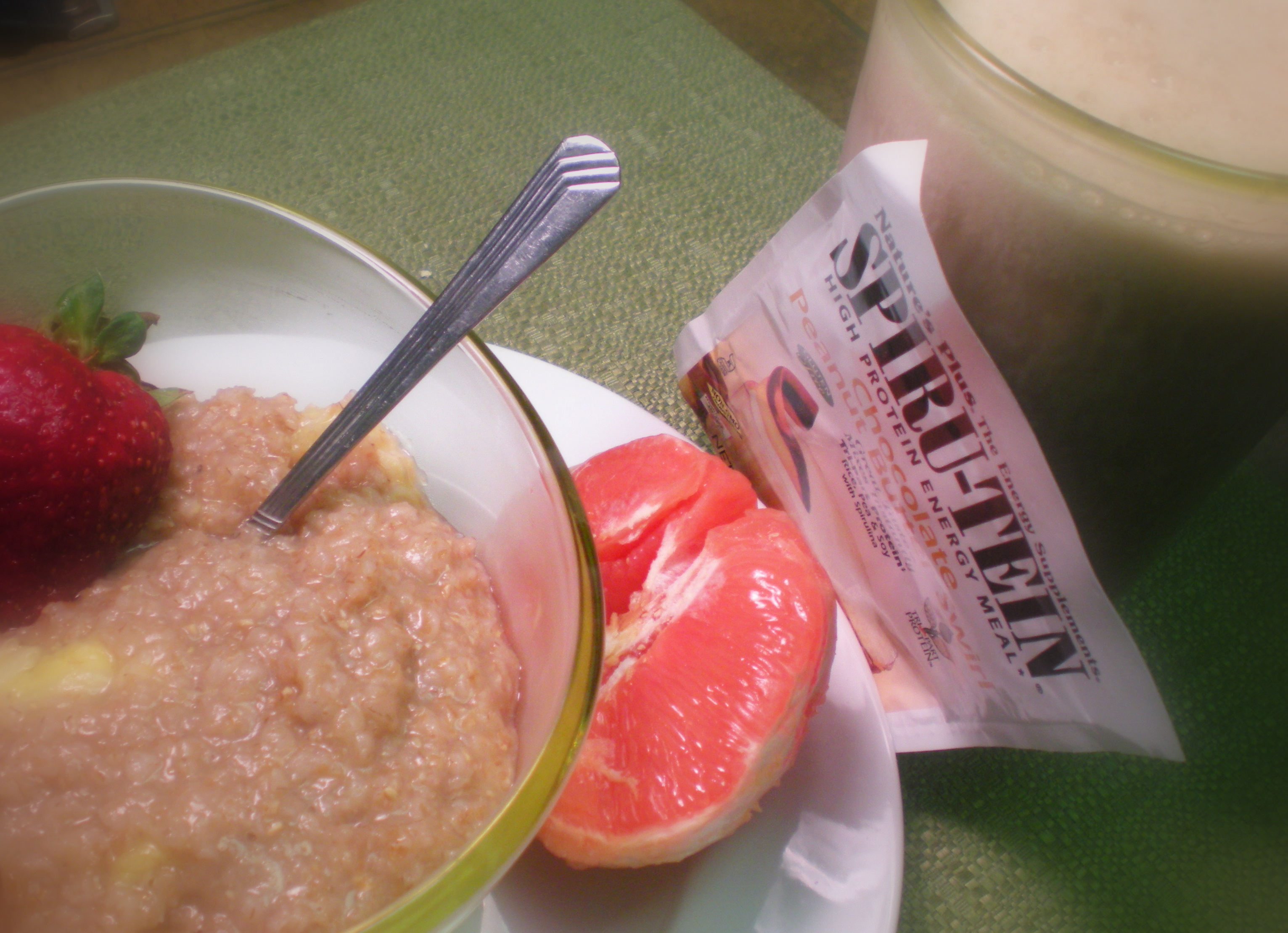 Breakfast: A Spiru-Tein Choc-PB Shake, 1/2 a Grapefruit, Cream of Rye with a huge strawberry