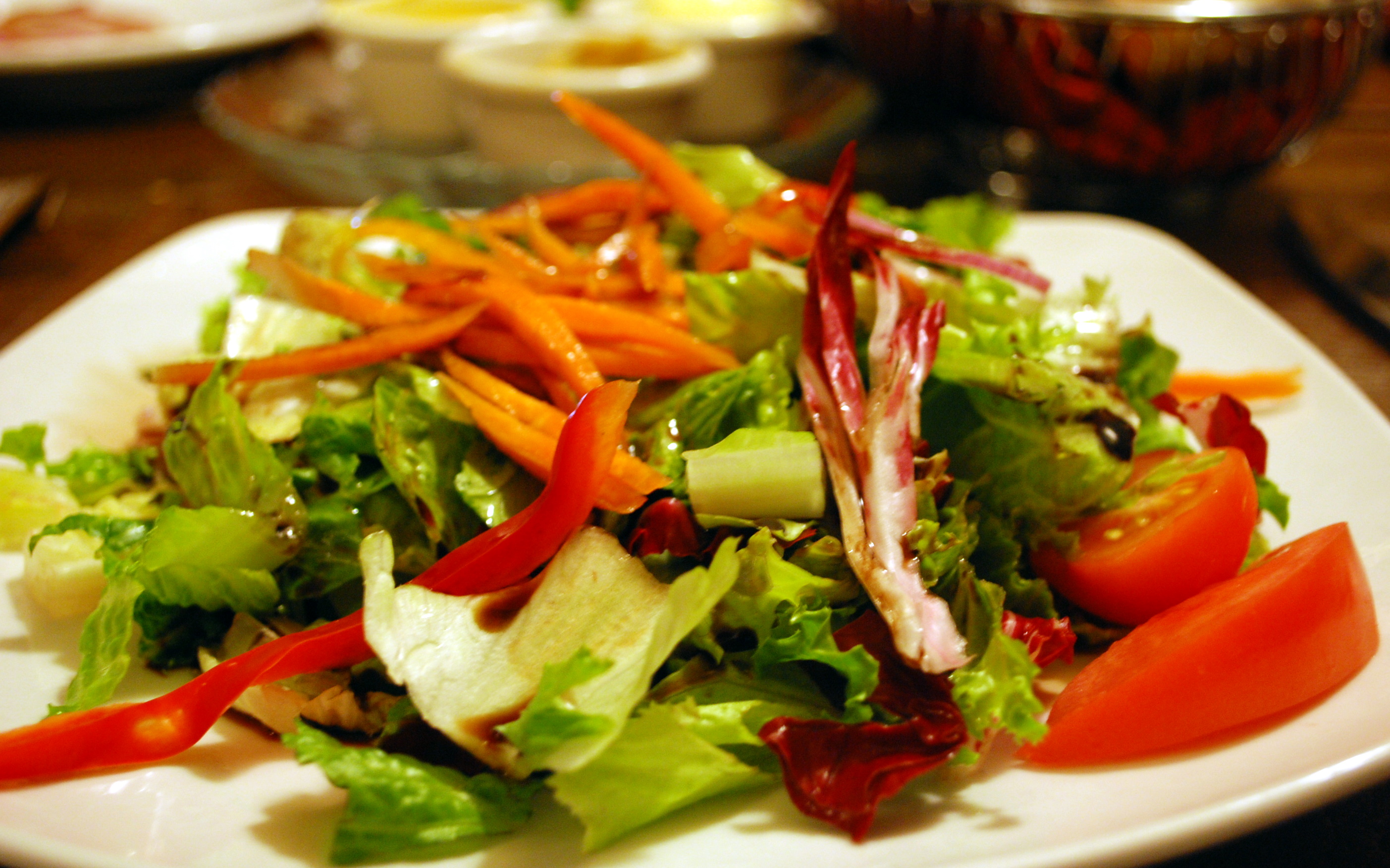 We both enjoyed a mixed greens and garden vegetable salad with oil and vinegar