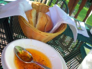 The bread with a very garlicky - sundried tomato dipping oil