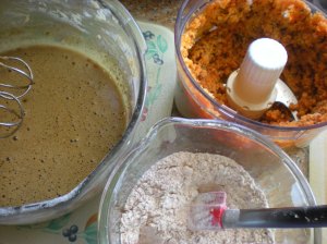 From left to right and down: The oil sugar, the carrot-raisin-coconut puree, the dry flour mix.